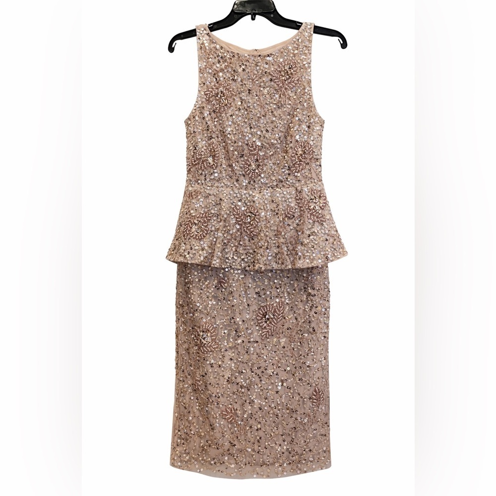 Adrianna Papell Size 2 Nude Gold Peplum Sheath Midi Dress NWT
